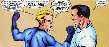 An image of the Human Torch holding two fingers up in a peace sign.